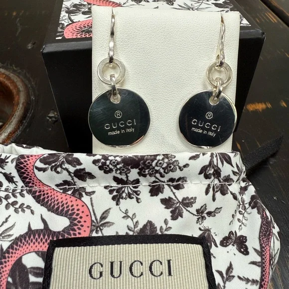 GUCCI Signature Sterling Silver medallion Drop Earrings